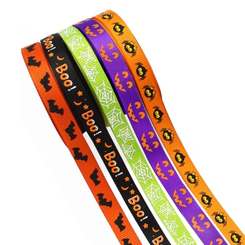 5 Rollen Halloween Ripsband 5 Yard x 10mm, Halloween Satinband, Orange Schwarz Lila Geschenkband, Halloween Bänder Zierband Dekoband für Halloween, Stoffband Satin für Geschenkverpackung Kürbis Geist von POPOYU