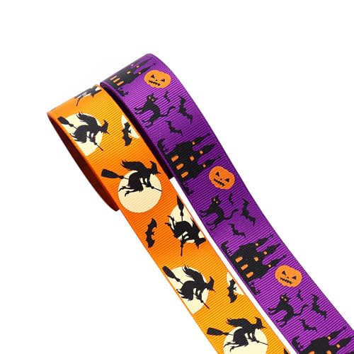 2 Rollen Halloween Ripsband 5 Yard x 25mm, Halloween Satinband, Orange Schwarz Lila Geschenkband, Halloween Bänder Zierband Dekoband für Halloween, Stoffband Satin für Geschenkverpackung Kürbis Geist von POPOYU