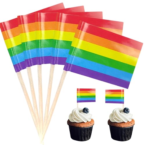 POPOYU 100 Stück Regenbogen LGBT Schwulenstolz Zahnstocher Flaggen,Regenbogen Flagge Fahne Klein Cocktail Tischdeko für Regenbogen LGBT Schwulenstolz Deko Cupcake-Topper,Zahnstocher,Pub-deko von POPOYU