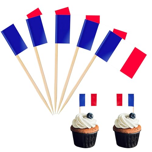 POPOYU 100 Stück Frankreich Zahnstocher Flaggen,Französische Flagge Fahne Klein Cocktail Tischdeko für Frankreich Deko Em 2024,Euro,Eurovision Contest,Olympische Cupcake-Topper,Zahnstocher,Pub-deko von POPOYU