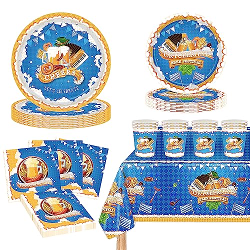 POPOYU Oktoberfest Deko Papier Partygeschirr Set,69 Stück Oktoberfest Bayrische Blau Weiß Servietten Pappteller Tischdeko Becher Oktoberfest für Bierzelten Haushalt Catering Oktoberfest Deko von POPOYU