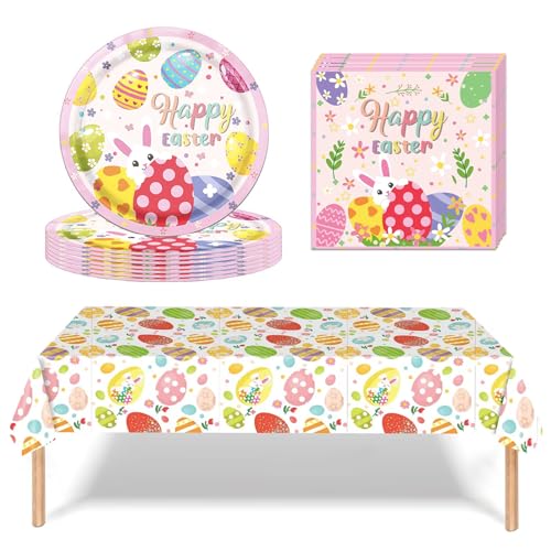 Ostern Partygeschirr,37 Stück Osterhase Partyteller Set,Hase Geburtstag Geschirr Kit,Ostern Kaninchen Geburtstag Party Supplies,Pappteller Tischdecke Papierservietten für Ostern Kindergeburtstag Party von POPOYU