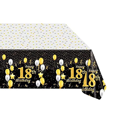 POPOYU 1 Packung Happy 18th Birthday Tischdecken Schwarz Gold Kunststoff Tischdecke Rechteckig 137 x 274 cm Party Tischdecken für Party Geburtstag Jubiläum Dekorationen von POPOYU