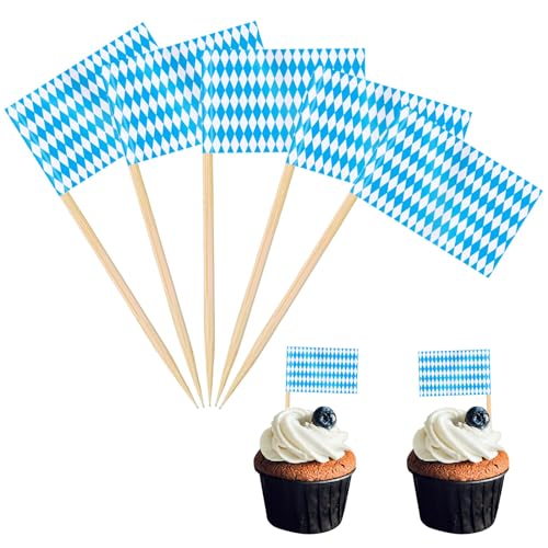 POPOYU 100 Stück Bayern Oktoberfest Zahnstocher Flaggen,Oktoberfest Flagge Fahne Klein Cocktail Tischdeko für Bayerisches Oktoberfest Deko Obst Geschirr Cupcake-Topper,Zahnstocher,Pub-deko von POPOYU