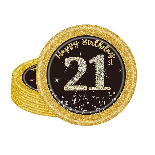 16 Stück Schwarz und Gold Pappteller 21. Geburtstag Party Tischdeko 17.78cm Pappteller Hochwertige Papptelle für Mann Frau Geburtstag Party Deko Partyzubehör zum Thema Schwarz Gold von POPOYU