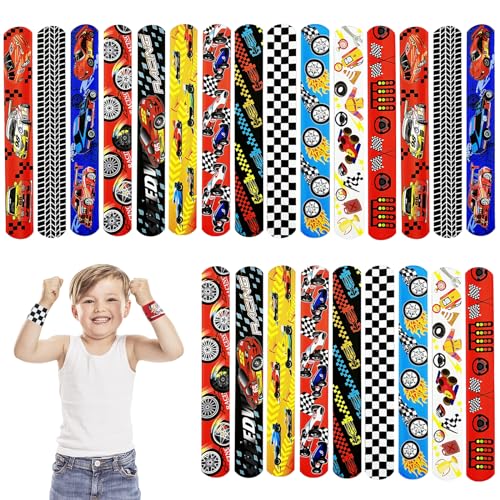 POPOYU 24 Stück Rennwagen Schnapparmbänder Kinder,F1 Zielflagge Armband Kindergeburtstag Gastgeschenke,Mitgebsel Hot Wheels Geburtstag,Rennwagen Mitgebsel Slap Armbänder für Rennwagen Kleine Geschenke von POPOYU