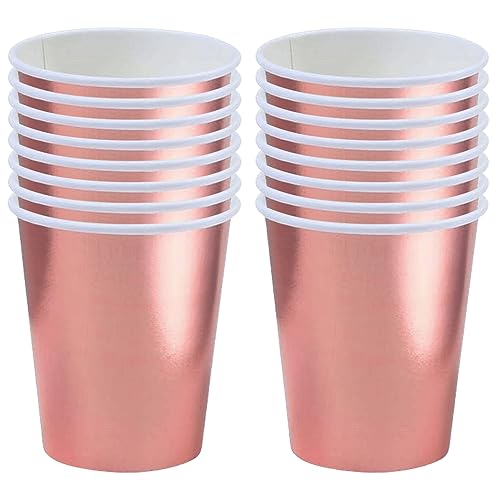 POPOYU 250ml Roségold Papier Partybecher,16 Stück Roségold Pappbecher,Trinkbecher Hochzeit Einwegbecher Disposable Cups für Hochzeit,Kinder DIY,Partybedarf,Tee,Heißen und Kalten Getränken Einwegkaffee von POPOYU