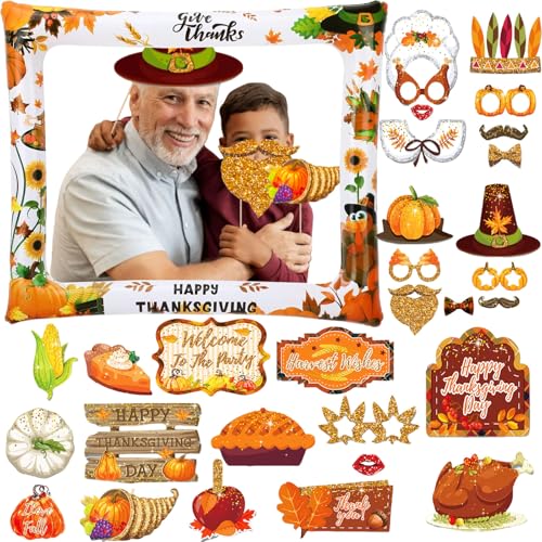 POPOYU 30 Stück Thanksgiving Fotorahmen-Set mit Thanksgiving Photo Booth Requisiten Aufblasbare Fotorahmen Selfie Bilderrahmen Thanksgiving Fotobox Accessoires für Herbst Thanksgiving Party Dekoration von POPOYU