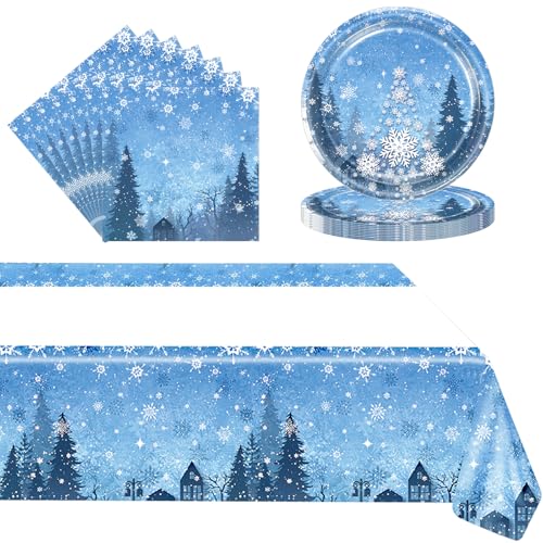 POPOYU 37 Stück Partygeschirr Schneeflocke,Schneeflocken Serviette,Pappteller,Tischdeko,Weihnachten Partygeschirr Set,Blau Schneeflocke Frozen Thema Papierteller für Winter Wonderland Decorations von POPOYU