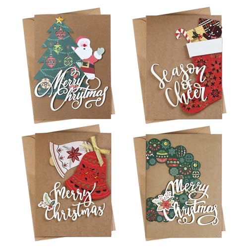 POPOYU 4 Stück Weihnachtskarten mit Umschlag Aufklebern Set, Klappkarten Weihnachtsgrußkarten Kraftpapier Karten Postkarten für Weihnachten, 3D Pop Up Grußkarte für Familie Freunde Weihnachtsgrüße von POPOYU