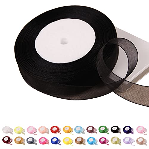 POPOYU 45 m Chiffonband schwarzes,20mmx45m Organzaband Schwarz Schleifenband Hochzeit Geschenkband Hochzeit Tüllband Transparent Satinband Schwarz für Weihnachten Hochzeit Taufe Geburtstag von POPOYU