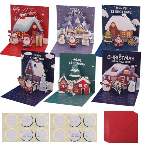 POPOYU 6 Stück Weihnachtskarten mit Umschlag Aufklebern Set, Klappkarten Weihnachtsgrußkarten Kraftpapier Karten Postkarten für Weihnachten, 3D Pop Up Grußkarte für Familie Freunde Weihnachtsgrüße von POPOYU