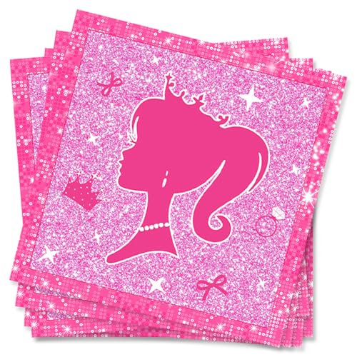 POPOYU Bar-bie Geburtstag Servietten, 20 Stück Rosa Prinzessinnen Party Servietten Tischdeko, 33x33cm Papierservietten Paper Napkins, Kindergeburtstag Party Zubehör für Mädchen Deko Tissue von POPOYU