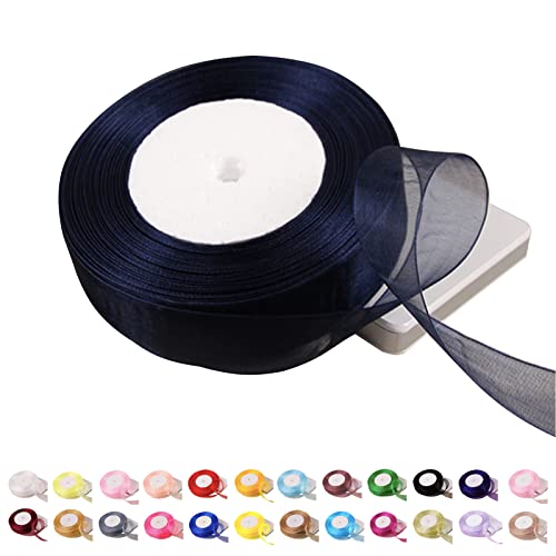 POPOYU Chiffonband Dunkelblau,25mmx45m Organzaband Dunkelblau Schleifenband Hochzeit Geschenkband Hochzeit Tüllband Transparent Satinband Dunkelblau für Weihnachten Hochzeit Taufe Geburtstag von POPOYU