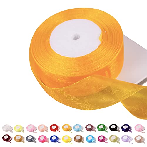 POPOYU Chiffonband Golden,40mmx45m Organzaband Weiss Schleifenband Hochzeit Geschenkband Hochzeit Tüllband Transparent Satinband Golden für Weihnachten Hochzeit Taufe Geburtstag von POPOYU