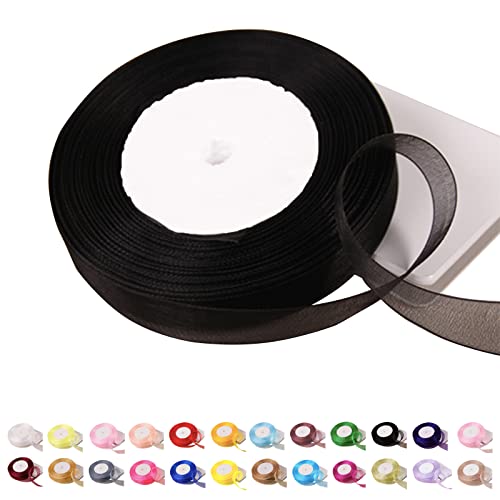 POPOYU Chiffonband Schwarz,15mmx45m Organzaband Schwarz Schleifenband Hochzeit Geschenkband Hochzeit Tüllband Transparent Satinband Schwarz für Weihnachten Hochzeit Taufe Geburtstag von POPOYU