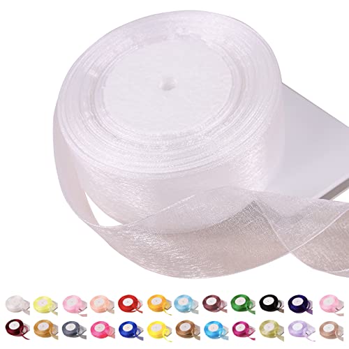 POPOYU Chiffonband Weiß,40mmx45m Organzaband Weiss Schleifenband Hochzeit Geschenkband Hochzeit Tüllband Transparent Satinband Weiß für Weihnachten Hochzeit Taufe Geburtstag von POPOYU