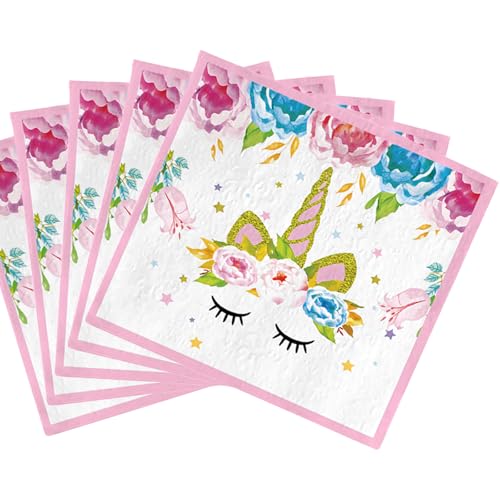 POPOYU Einhorn Geburtstag Servietten, 20 Stück Rosa Prinzessinnen Party Servietten Tischdeko, 33x33cm Papierservietten Paper Napkins, Kindergeburtstag Party Zubehör für Mädchen Deko Tischserviette von POPOYU