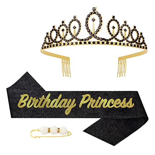 POPOYU Fabulous Geburtstags-Krone Schärpe Set Schwarz Tiara Krone Geburtstags Krone für.Geburtstag Deko,Prinzessin Kronen Haar-Zusätze für Frauen Geburtstagsgeschenk Partyzubehör von POPOYU