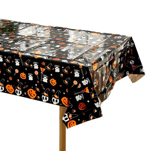 POPOYU Halloween-Folien-Tischdecke, Kunststoff, 137 x 274 cm, rechteckige Tischdecke, Kürbis-Tischdecke, wasserdichte Tischdecke für Halloween, Party, Abendessen, Tischdekoration von POPOYU