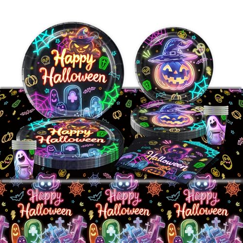 POPOYU Halloween Neon Papier Partygeschirr Set,69-teilig Halloween Tischdecke Pappteller Servietten und Becher,Halloween Geschirr Tischdeko für Halloween Party Dekoration Partyzubehör(16 Gäste) von POPOYU