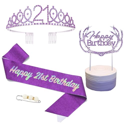 Mädchen Geburtstag Krone und Schärpe Lila,Krone Mädchen Geburtstag,Schärpe und Tiara Kristall Kuchenaufsätze Kit,Krone Prinzessin Geburtstag Mädchen für Geburtstag Geschenk Partyzubehör Dekor von POPOYU