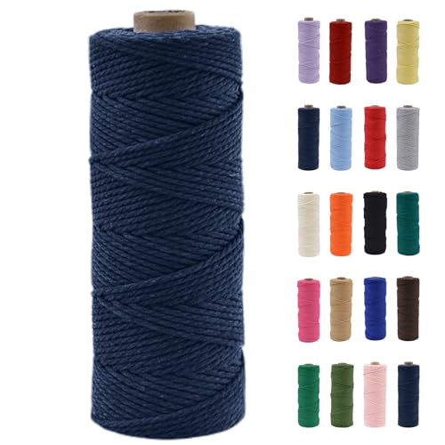 POPOYU Makramee Garn 2mm, Makramee Garn Marineblau, Baumwollgarn 2 mm x 100 m, Baumwollkordel Natur, Baumwoll Bastelschnur für Basteln Stricken Boho Deko DIY Handwerk Wandbehang Wohnzimmer von POPOYU