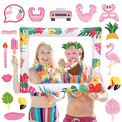 POPOYU Sommer Hawaii Aloha Fotobox Accessoires,Aloha Party Selfie Rahmen Aufblasbarer Fotorahmen mit 20 Stück Hawaii Flamingo Fotobox Requisiten für Hawaii Sommer Party Zubehör Deko Fotobox Utensilien von POPOYU