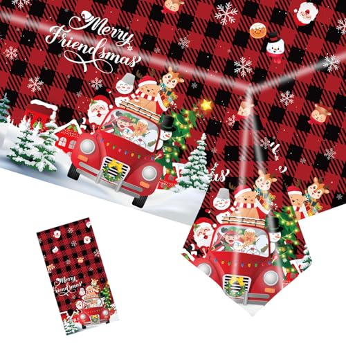 POPOYU Weihnachten Tischdecke, Kariertes Auto Weihnachtsläufer Rechteckige 137x274cm, Weihnachtstischdecke Xmas Wasserabweisend Tischtuch Tischläufer für Weihnachts Party Küche Tischdekoration von POPOYU