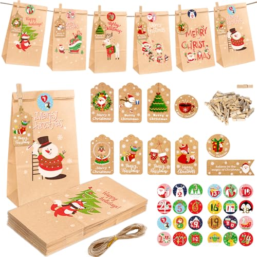 POPOYU Weihnachtskalender zum Befüllen,Adventskalender Papiertüten,2024 Adventskalender zum Befüllen Kinder,Weihnachts-Countdown-Adventskalender-Set,DIY Adventskalender für Kinder Weihnachten Party von POPOYU