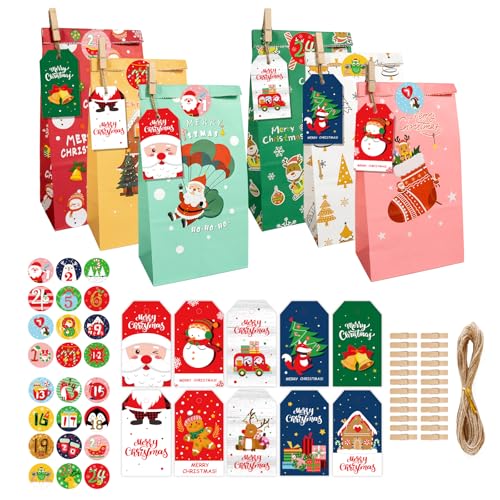 POPOYU Weihnachtskalender zum Befüllen,Adventskalender Papiertüten,2024 Adventskalender zum Befüllen Kinder,Weihnachts-Countdown-Adventskalender-Set,DIY Adventskalender für Kinder Weihnachten Party von POPOYU