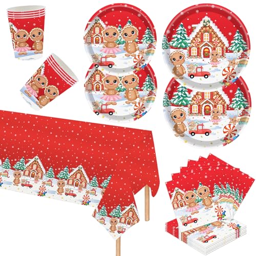 POPOYU Weihnachtstischdecke Party 69PCS Papiergeschirr Set Party Weihnachts Party Geschirr Set für 16 Gäste,Weihnachten Geschirr Set,Weihnachten Dekoration,Tischdecke,Pappteller,Servietten,Pappbecher von POPOYU