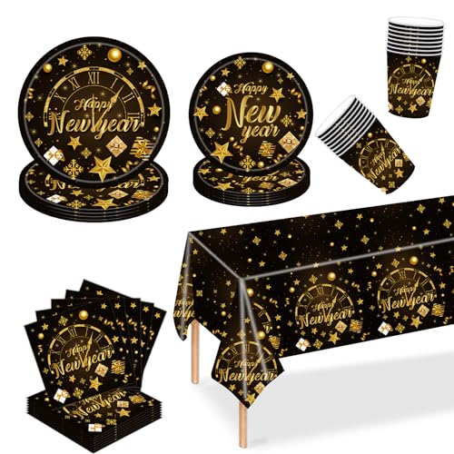 POPOYU Weihnachtstischdecke Party Tischdecken,69PCS Weihnachten Papiergeschirr Set New Year Party Geschirr Set für 16 Gäste,Schwarzes Gold Weihnachten Geschirr Set,Weihnachten von POPOYU