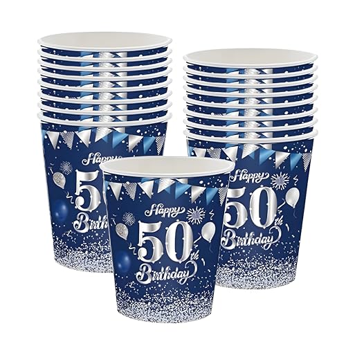 Papierbecher 50. Geburtstag, 16 Stück Einwegbecher Geburtstag, Pappbecher zum 50. Party Dekoration,Blau Silberne 50. Geburtstag Deko,Papierbecher für Junge Mädchen 50. Geburtstag Jubiläum Partyzubehör von POPOYU