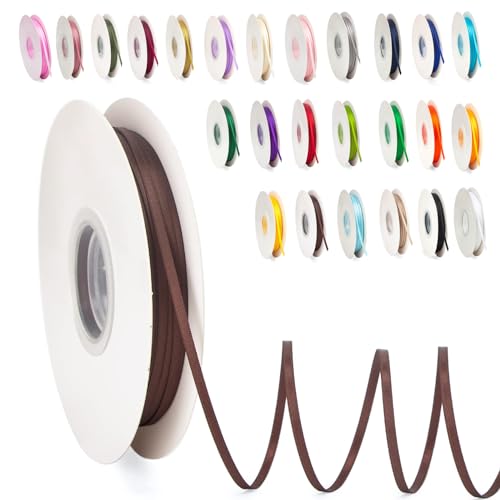 Satinband Braun 3mm, 91m Satinbänder Schleifenband Dekoband Doppelseitig Geschenkband Geschenkverpackung Bänder zum Luftballons Blume Handgefertigt Weihnachten Wide Satin Ribbon 0.3CM for Wedding Car von POPOYU