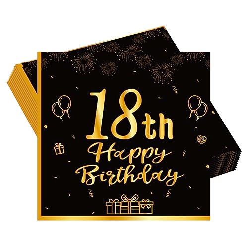 Schwarz Gold 18. Geburtstag Party Servietten 20 Stück 18. Geburtstag Deko Servietten mit Hochwertige Papier 33x33cm Geburtstagsservietten für Manner Frauen 18. Geburtstag Party Tisch-Dekoration von POPOYU