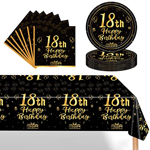 Schwarz Gold 18. Geburtstag Partygeschirr Set,Einwegteller 7 Zoll Servietten Kunststoff Tischdecke,37 Stück Schwarz Gold Partygeschirr Set für Jungen Mädchen 18. Geburtstag Party Dekorationen von POPOYU