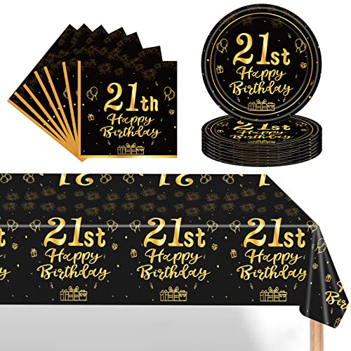 Schwarz Gold 21 Geburtstag Partygeschirr Set,Einwegteller 7 Zoll Servietten Kunststoff Rechteckige Tischdecke,37 Stück Schwarz Gold Partygeschirr Set für Männer Frauen 21 Geburtstag Party Dekorationen von POPOYU