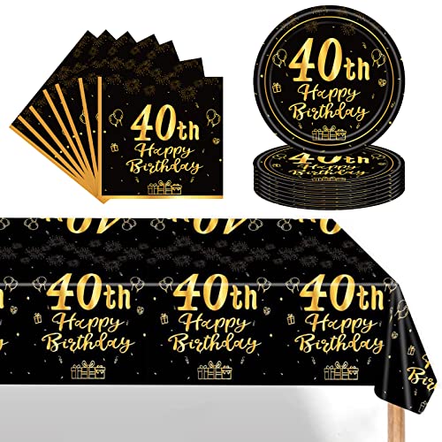 Schwarz Gold 40 Geburtstag Partygeschirr Set,Einwegteller 7 Zoll Servietten Kunststoff Rechteckige Tischdecke,37 Stück Schwarz Gold Partygeschirr Set für Männer Frauen 40 Geburtstag Party Dekorationen von POPOYU