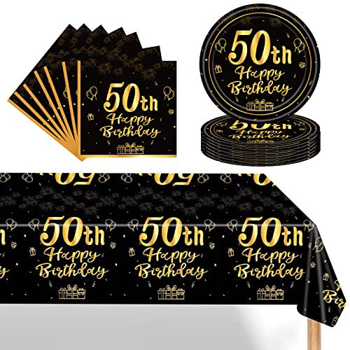 Schwarz Gold 50 Geburtstag Partygeschirr Set,Einwegteller 7 Zoll Servietten Kunststoff Rechteckige Tischdecke,37 Stück Schwarz Gold Partygeschirr Set für Männer Frauen 50 Geburtstag Party Dekorationen von POPOYU