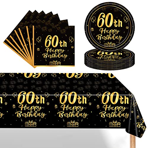 Schwarz Gold 60 Geburtstag Partygeschirr Set,Einwegteller 7 Zoll Servietten Kunststoff Rechteckige Tischdecke,37 Stück Schwarz Gold Partygeschirr Set für Männer Frauen 60 Geburtstag Party Dekorationen von POPOYU