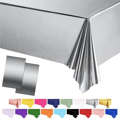 Silber Tischtuch Tischdecken, 137 * 274cm Kunststoff wasserdicht Tabelle deckt Party Tischdekorationen für Kinder Picknick Geburtstag, Graduierung Hochzeit Party Supplies von POPOYU