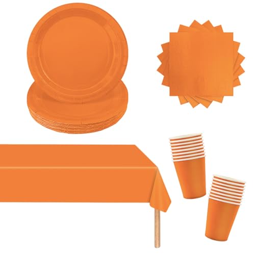 53PCS Papiergeschirr Orange Papier Geschirr Set Party Weihnachts Party Geschirr Set, Orange Tischdecke Rechteckig,Pappteller,Servietten,Pappbecher für Geburtstag,Hochzeiten,Weihnachten Dekoration von POPOYU