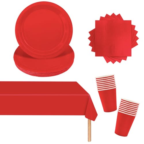 53PCS Papiergeschirr Rot Papier Geschirr Set Party Weihnachts Party Geschirr Set, Rot Tischdecke Rechteckig,Pappteller,Servietten,Pappbecher für Geburtstag,Hochzeiten,Weihnachten Dekoration von POPOYU