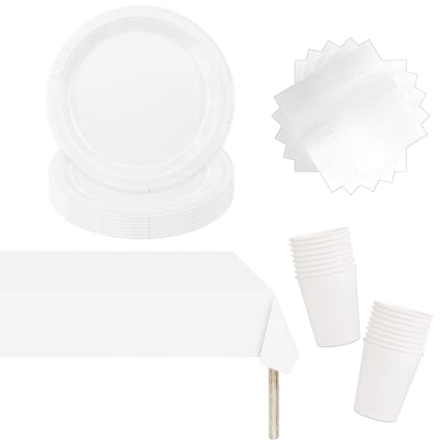 53PCS Papiergeschirr Weiß Papier Geschirr Set Party Weihnachts Party Geschirr Set für 16 Gäste,Weihnachten Geschirr Dekoration Set,Tischdecke,Pappteller,Servietten,Pappbecher für Weihnachten von POPOYU