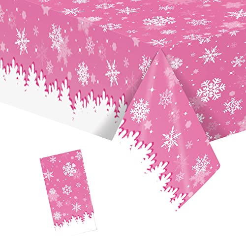 Weihnachtstischdecke Schneeflocke,130x220cm Tischdecke Rosa Weihnachten Rechteckige Weihnachten Tischhussen Tischläufe aus Kunststoff,wasserdichte Ölbeständig Tischdecken für Party,Picknick von POPOYU