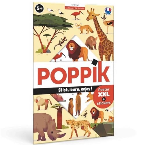 POPPIK 1841163 Sticker-Poster, Savanne, interaktives Lernposter mit ablösbaren Aufklebern, mehrsprachiges Wissensposter, für Kinder ab 5 Jahren, 68 x 100 cm von POPPIK