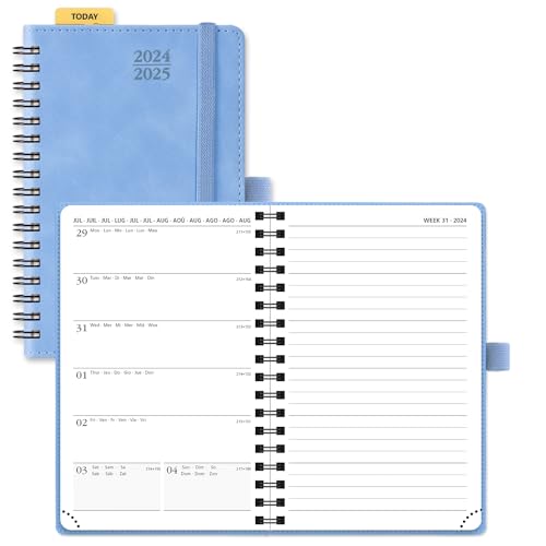 POPRUN Kalender 2024 2025 Buchkalender A6 Notizbuch 16 x 10,5 cm (Aug.2024-Dez.2025) - Taschenkalender 2024 2025 Klein Ringbuch mit Softcover - Terminplaner mit Plastiklineal - Cyanblau von POPRUN