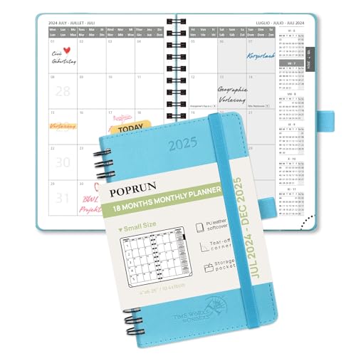 POPRUN Kalender 2024 2025 Monatsplaner 16 x 10,5 cm - 18 Monate Monatskalender Ringbuch A6 (Jul 2024 - Dez 2025) - 1 Monat 4 Seiten, Softcover mit PU-Leder, 100 GSM Papier - Blaugrün von POPRUN