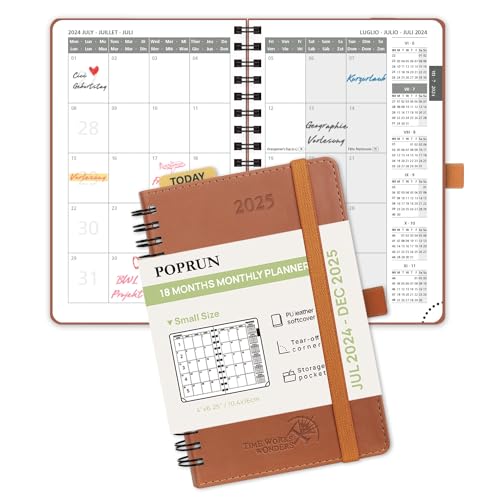 POPRUN Kalender 2025 Monatsplaner A6 (Jul.2024 - Dez.2025) - 18 Monate Monatskalender Ringbuch 16 x 10,5 cm - 1 Monat 4 Seiten, Softcover mit PU-Leder, 100 GSM Papier - Braun von POPRUN